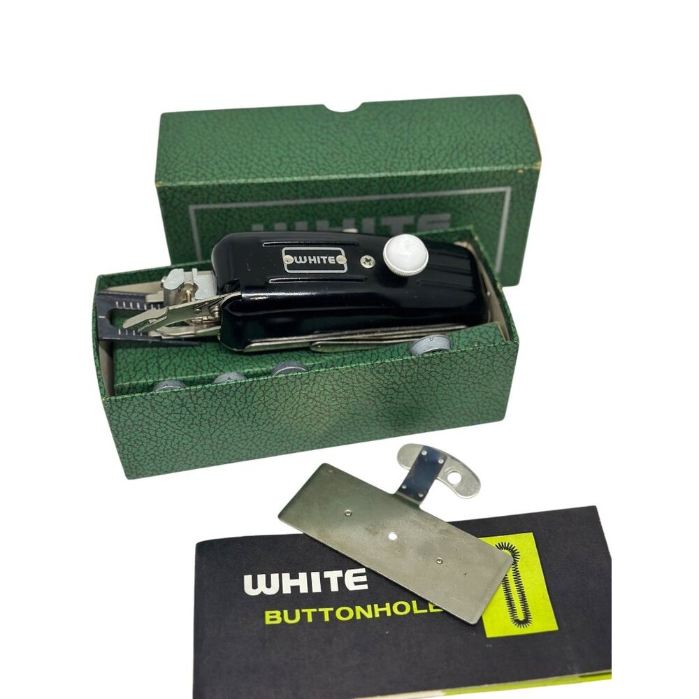 VTG White Sewing Machine Buttonhole Attachment Set Templates Foot Box Accessory